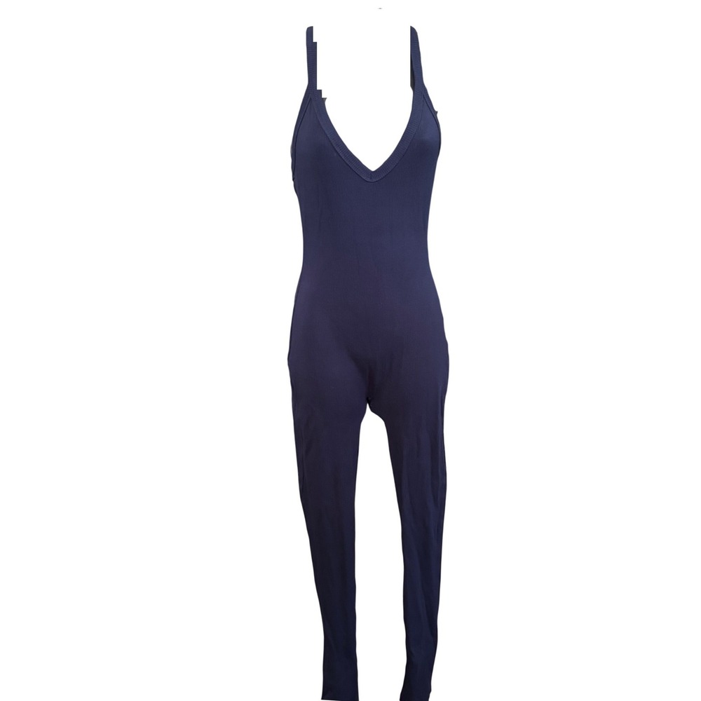 EUC Naked Wardrobe Ribbed Sleeveless Jumpsuit Catsuit Size L Navy Blue V neck